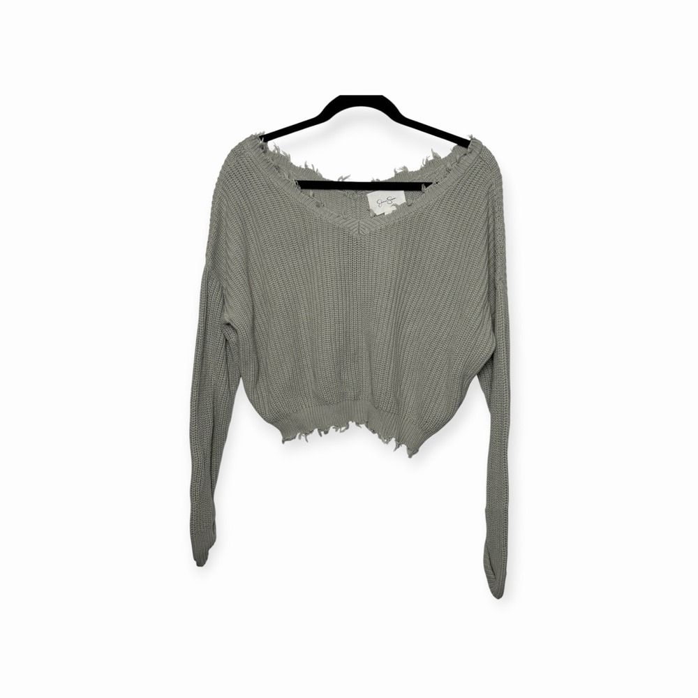 Jessica Simpson Women's Medium Sage Green Distressed Crop Cotton Sweater